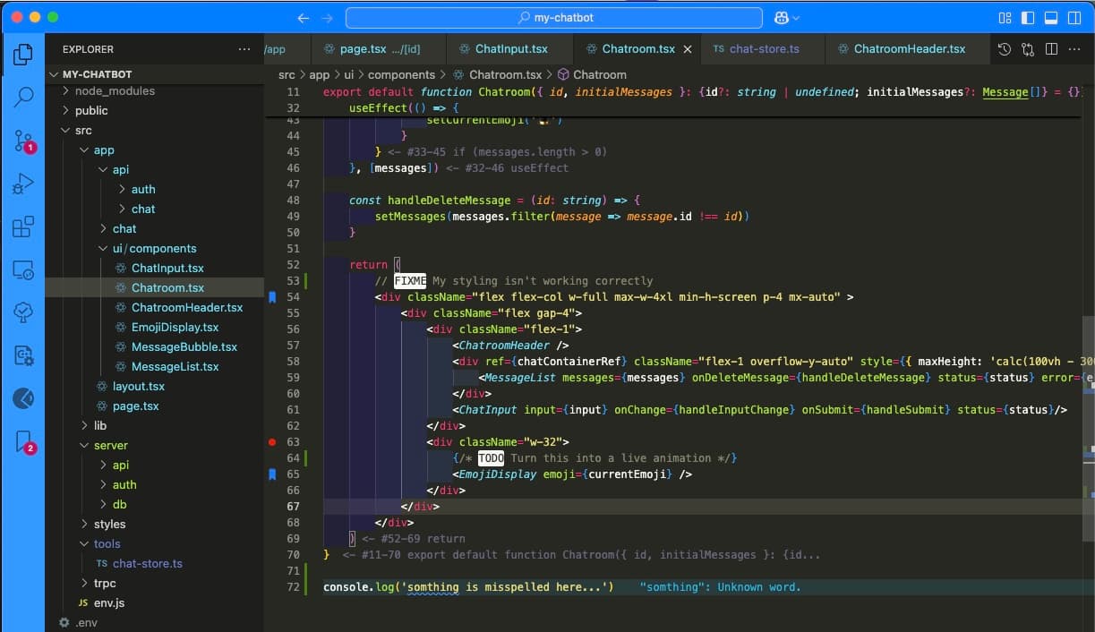 Screenshot showing various VS Code extensions in action