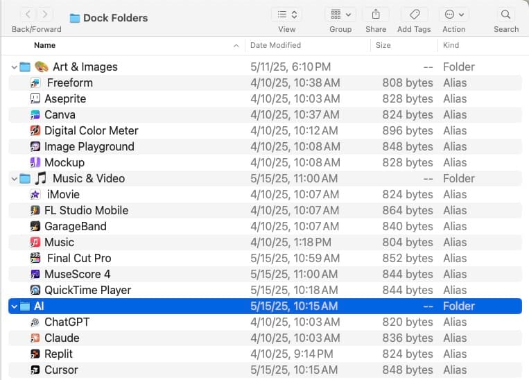 Screenshot showing organized dock folders