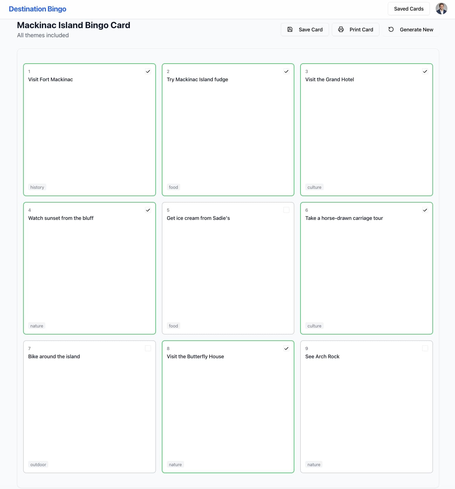Destination Bingo - Generated card