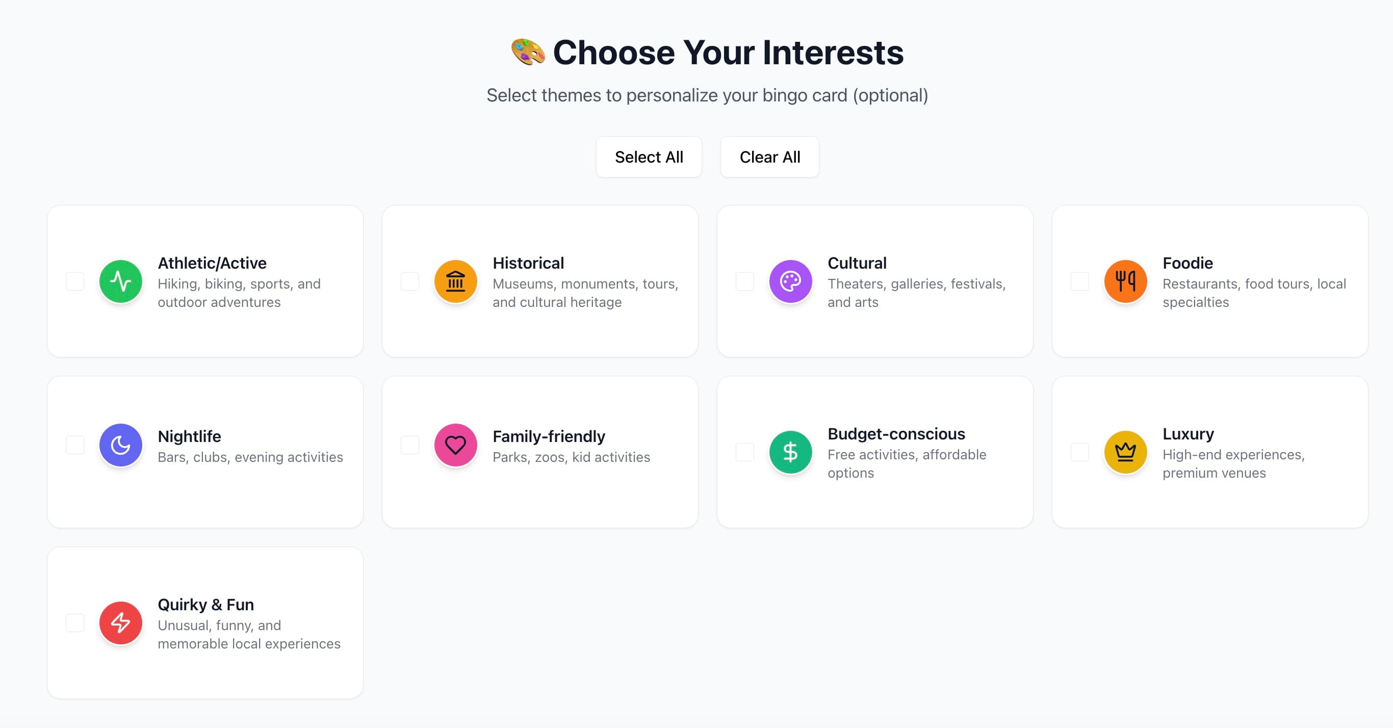 Destination Bingo - Interests selection