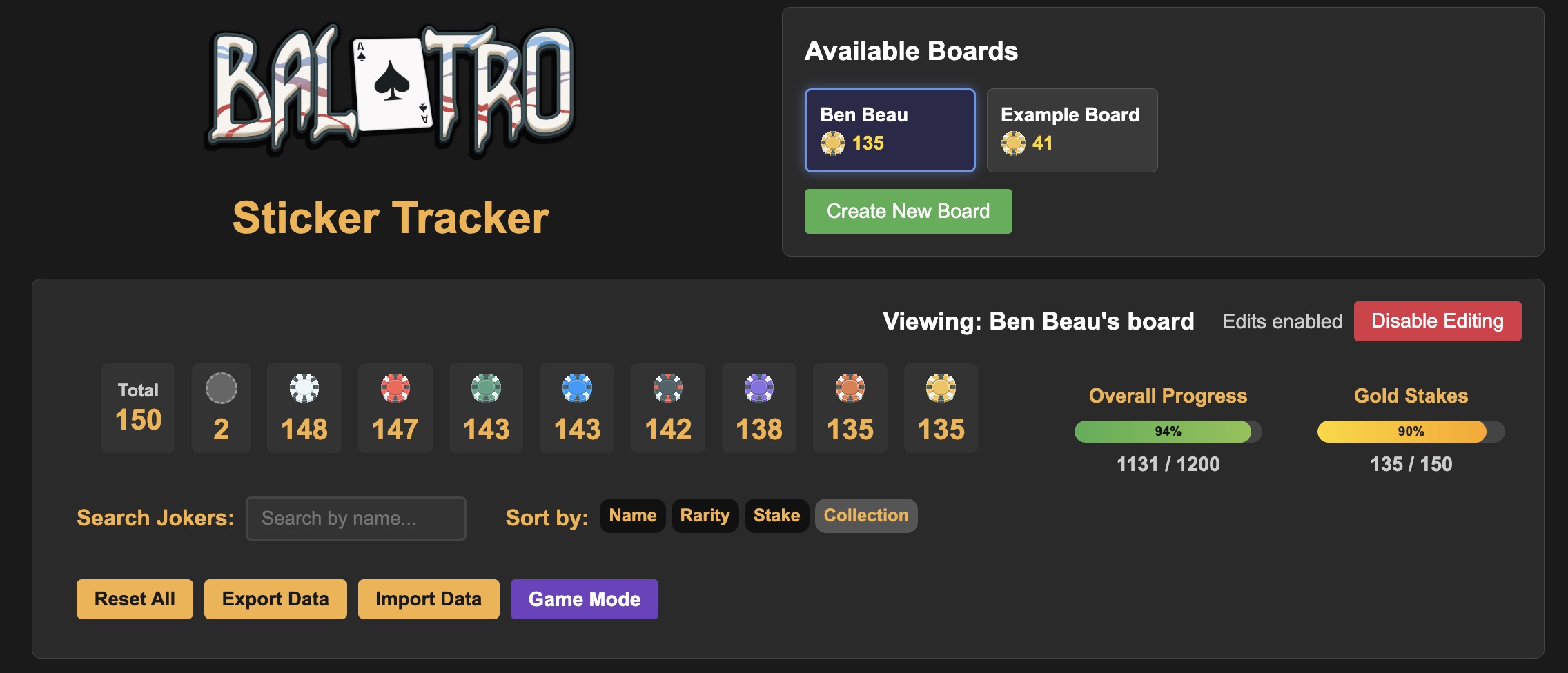 Balatro Sticker Tracker - Statistics